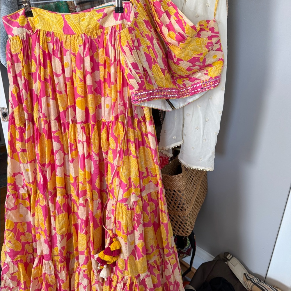 Pink and Yellow Floral Lehenga Maxi Dress with Dupatta